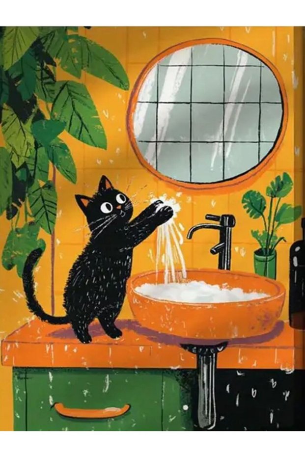 North Collection Weaving Base Decorative Carpet with Kitten Washing Hands Black Cat Detail Kuzey51