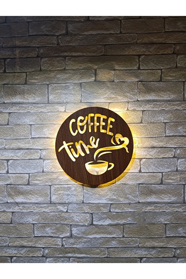 Ceviz Ahşap Coffee Time Duvar Dekoru, Mutfak Kahve Köşesi Için Işıklı Tablo - 4