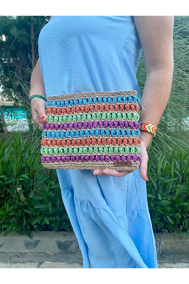 El Örgüsü Kadın Renkli Hasır Clutch Portföy El Çantası - 3