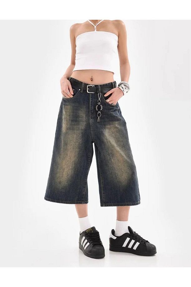 Y2k Recyled Eskitme Detaylı Trend Kot Şort - 2