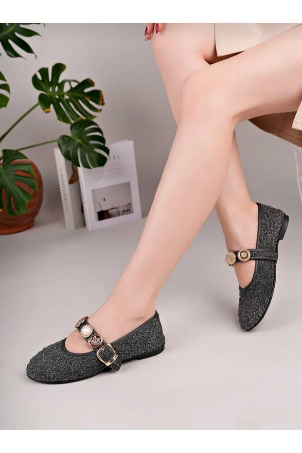 Women's Bitter Brown Daily Ballerina Strap Adjustable Buckle Tweed Fabric Lightweight Comfortable Shoes