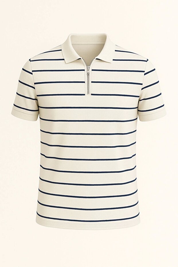Polo Neck Half Zipper Horizontal Line Patterned Knitwear Men's T-Shirt