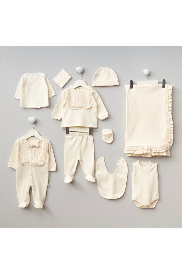 Martin 10-Piece Organic Hospital Discharge Set with Ribbed and Lace Detailing, 100% Cotton Newborn Baby Boy