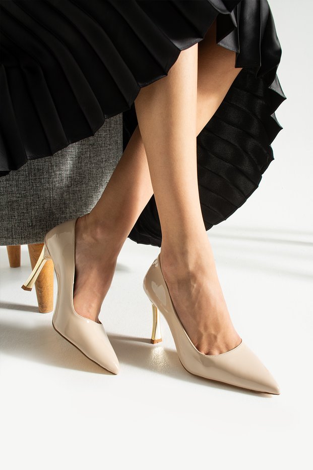 Beige Patent Leather Stiletto Comfortable Daily and Special Occasion Women's Heeled Shoes