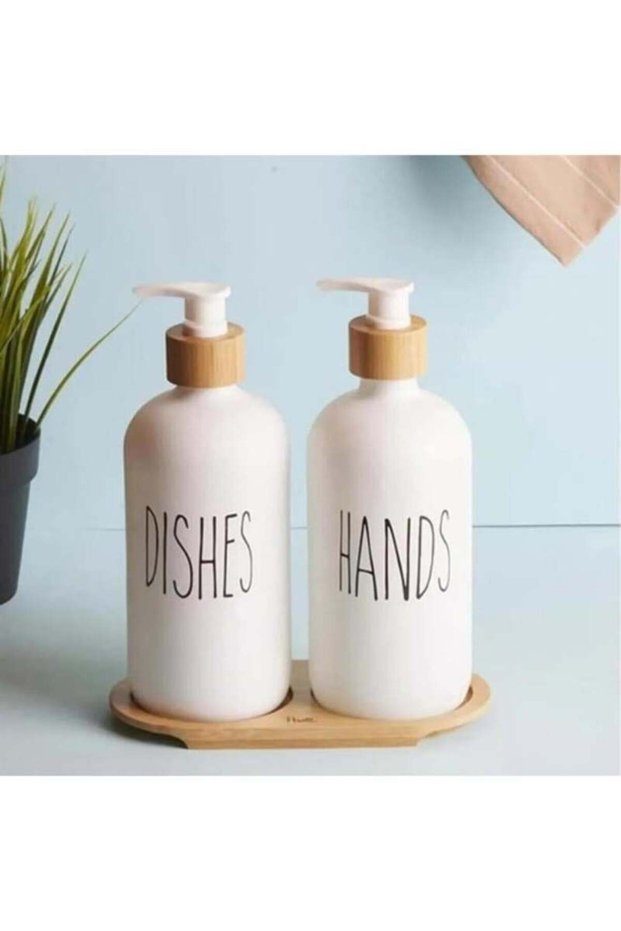 Set of 2 Glass Liquid Soap Dispensers – Bottle with Bamboo Stand | Bathroom and Kitchen Set
