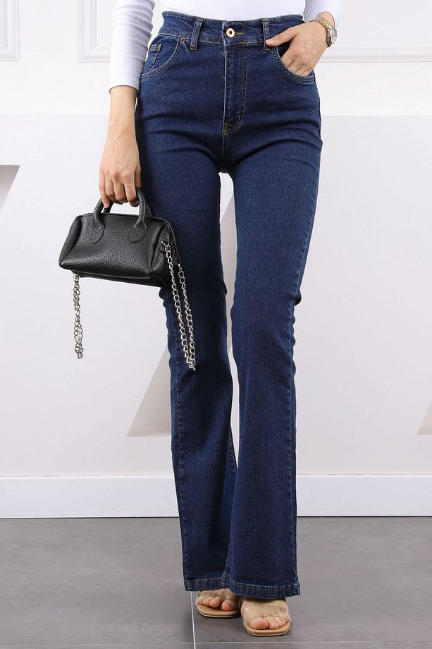 Koyu Mavi Yüksek Bel İspanyol Paça Jeans Pantolon - 1