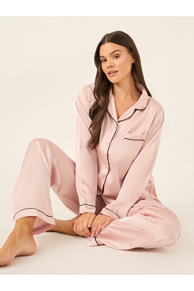 Piped Detail Matte Satin Long Sleeve Pocket Shirt and Pyjama Set