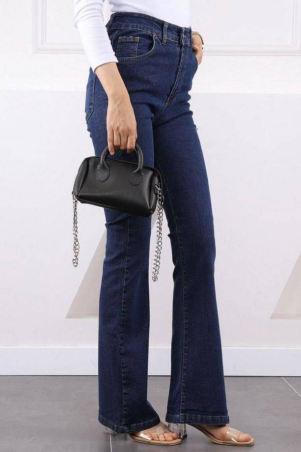 Koyu Mavi Yüksek Bel İspanyol Paça Jeans Pantolon - 3