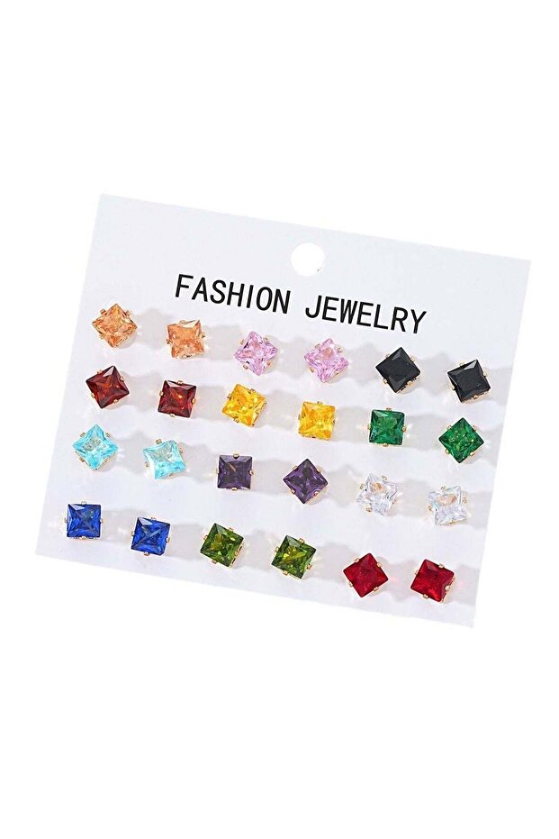 12 pairs Fashion Jewelry Square Zircon Stud Earrings Set