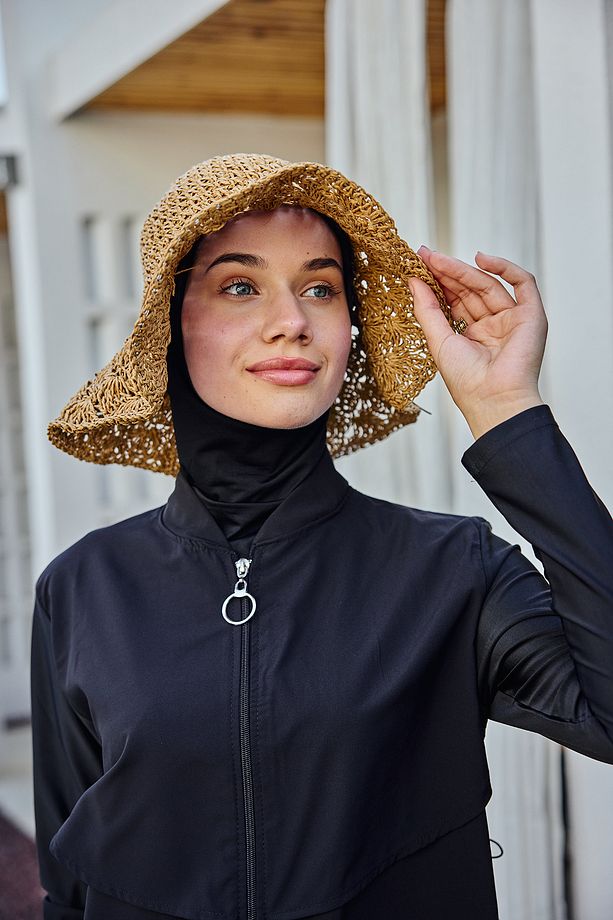 Kurdele Detay El Örgüsü Hasır Şapka RŞ-2102 Camel01 - 5