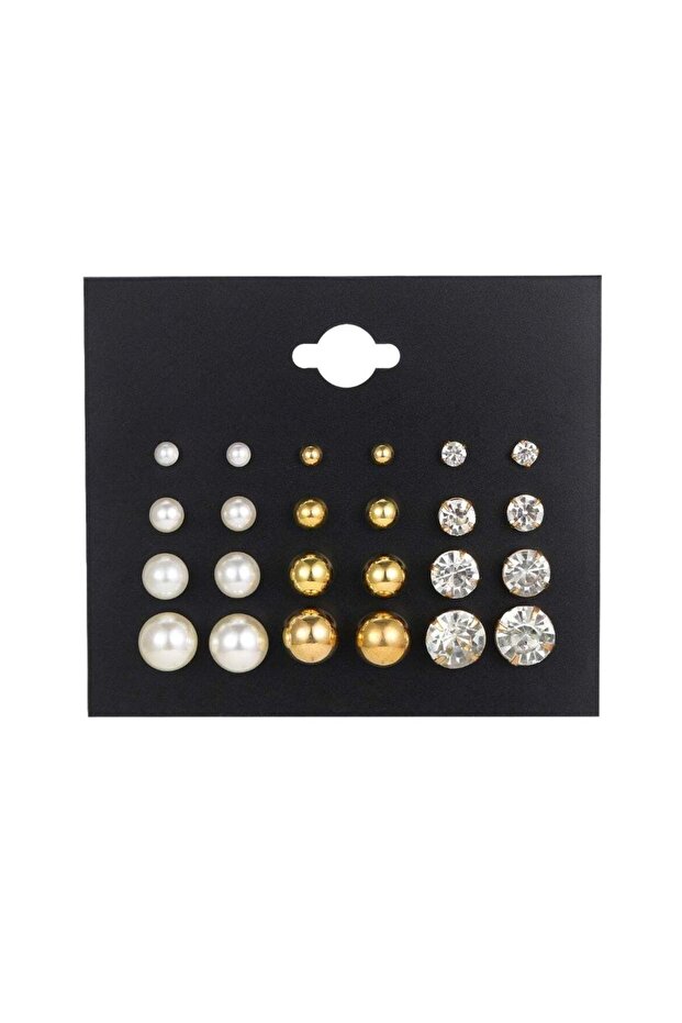 12-Pair Pearl & Crystal Stud Earrings Set – Elegant Gold Colour Tone Designs