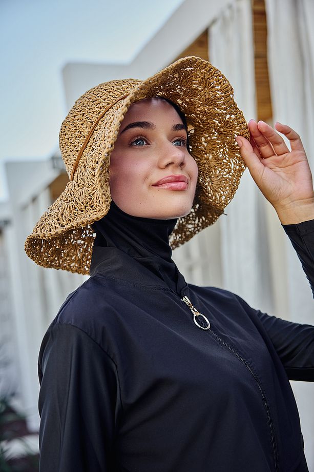 Kurdele Detay El Örgüsü Hasır Şapka RŞ-2102 Camel01 - 3