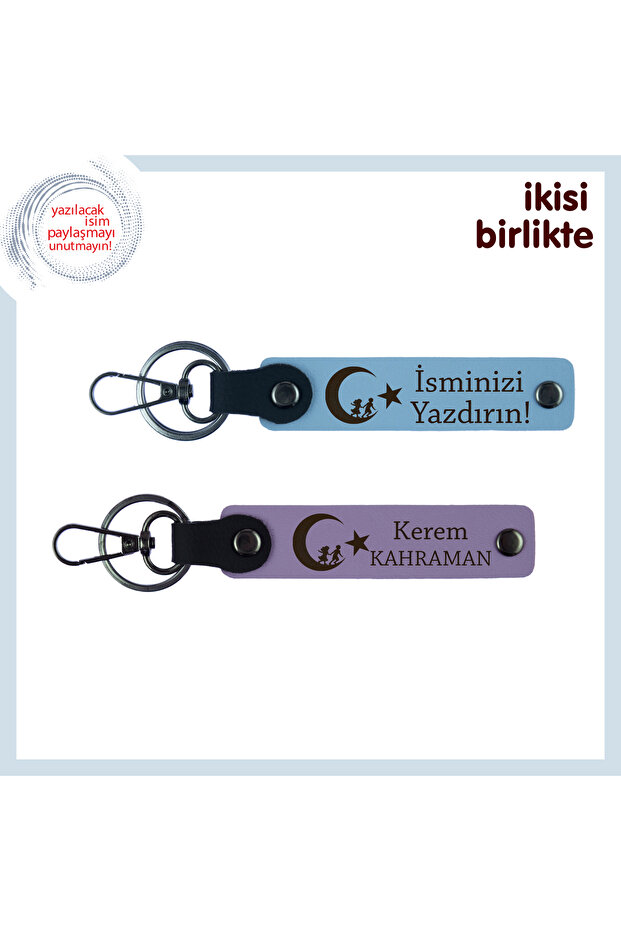 Set of 2 Keychains with Names Written, Sky Blue-Purple, Farewell Gift for Students – Child and Crescent Star