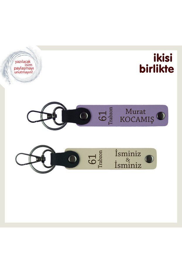 Father's Gift Carrying His Hometown, 61 Trabzon Written Leather Keychain, Purple-Milk Coffee