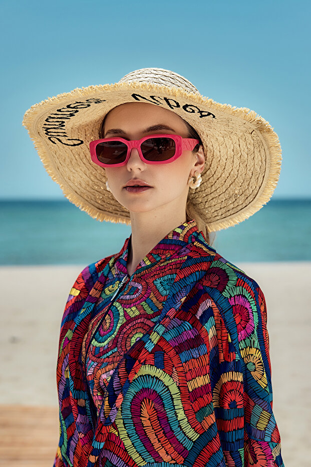 Straw Hat Beach Hat with Tassel Edges and Embroidery Detail Rş-2112 Bej02