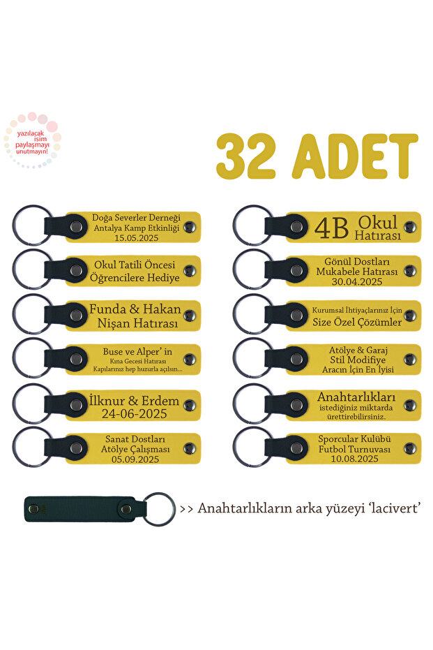 Set of 32, Name Writable Leather Keychain, Yellow & Navy Blue, Suitable Gift for Stationery Customers