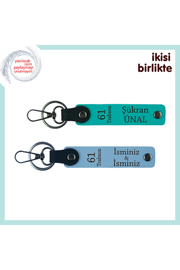 A Different Gift on Mother's Day, Personal Leather Keychain with 61 Trabzon Written, K Turquoise-Sky Blue