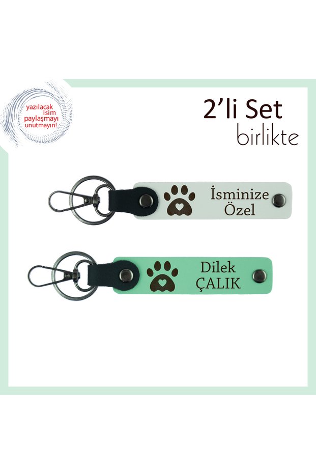 Set of 2 Keychains with Heart and Paw Figures, Special for Pet Owners, White-Light Green