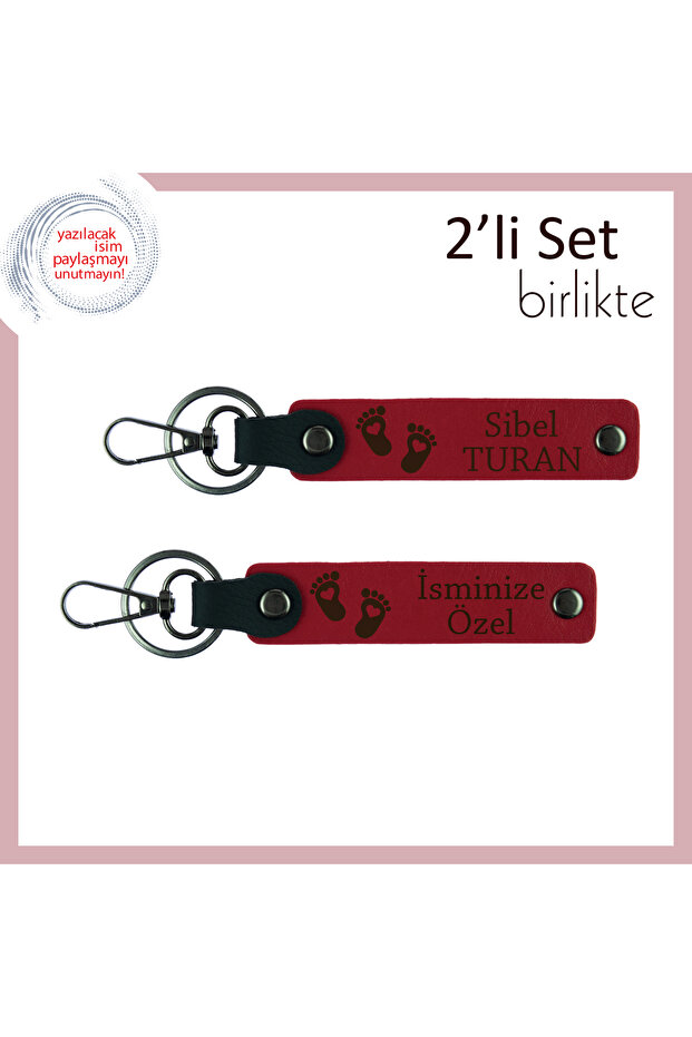 Cute and Meaningful Gift with Heart Foot Motif, Red-Red, Name Writable Leather Keychain