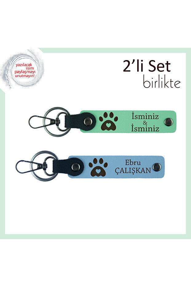 Special Gift for Cat Lover Friend, Heart Paw Motif Leather Keychain Set, Light Green-Sky Blue