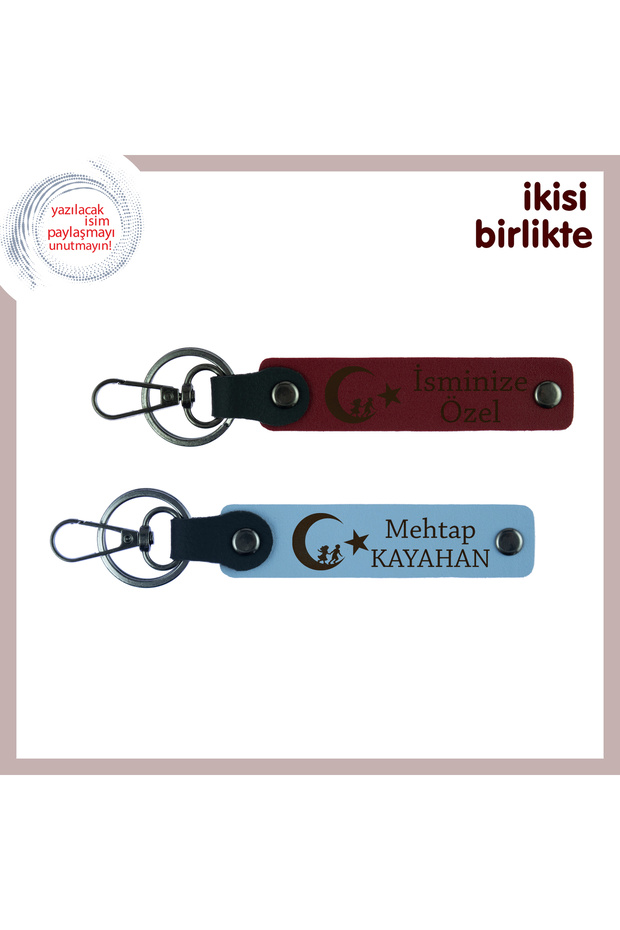Stylish Gift for the New Office – Child and Crescent Star Personal Keychain Set, Name Written, Claret Red-Sky Blue