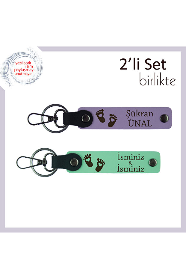 Heart Foot Themed Design, Purple-Light Green, Name Writable Leather Keychain Set for Newborn