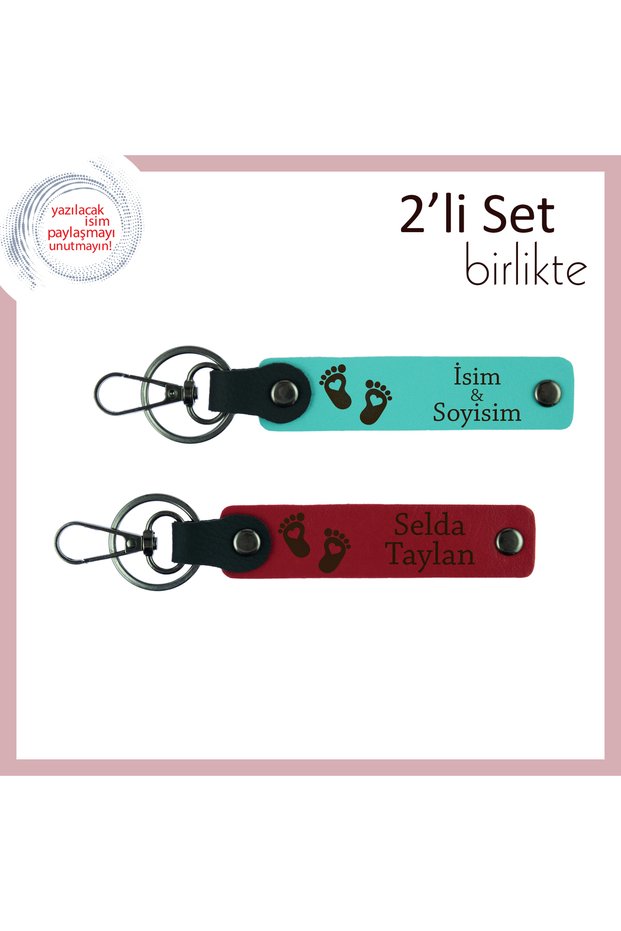 As Your Baby's First Gift, 2-Piece Leather Set with Permanent Design, Heart and Foot Pattern, Turquoise-Red