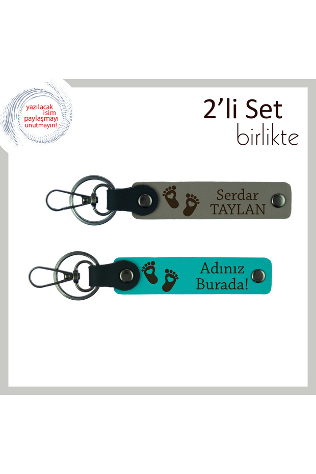 Personal Leather Keychain Set with Blue Colored Heart and Foot Figure for Baby Boy, Ash Gray-Dark Turquoise