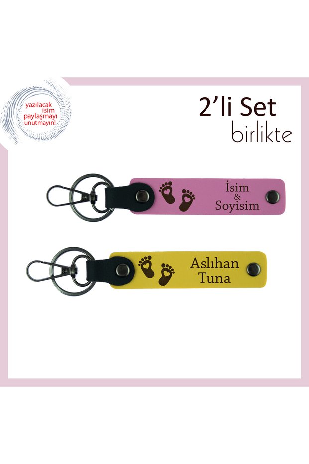 For Joint Use by Mom and Dad, Baby Foot Heart Design Name Written Keychain, Pink-Yellow