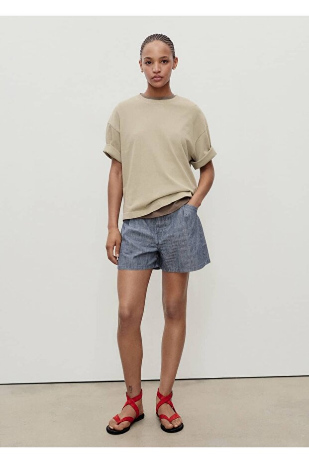 Çizgili pileli denim şort - 2