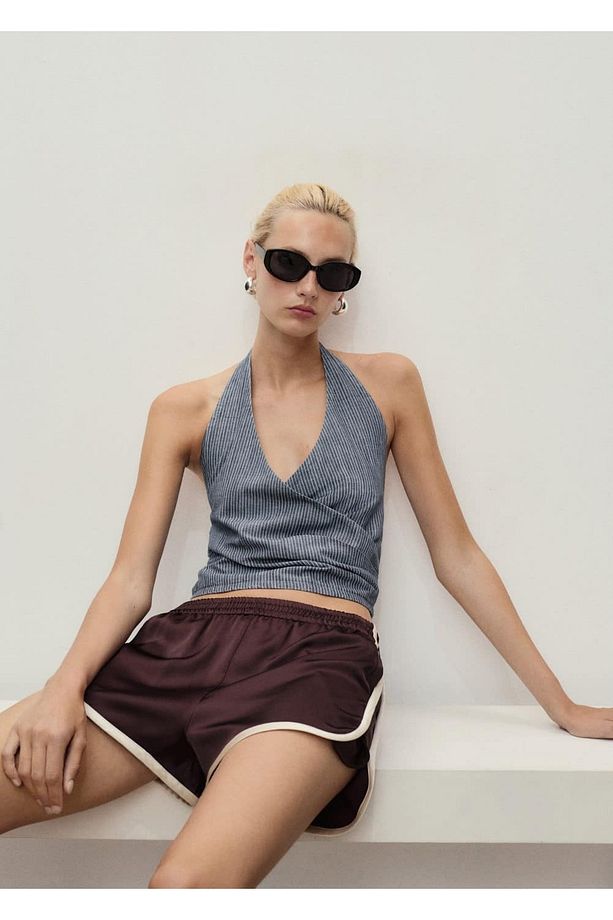 Çizgili çapraz denim top - 6