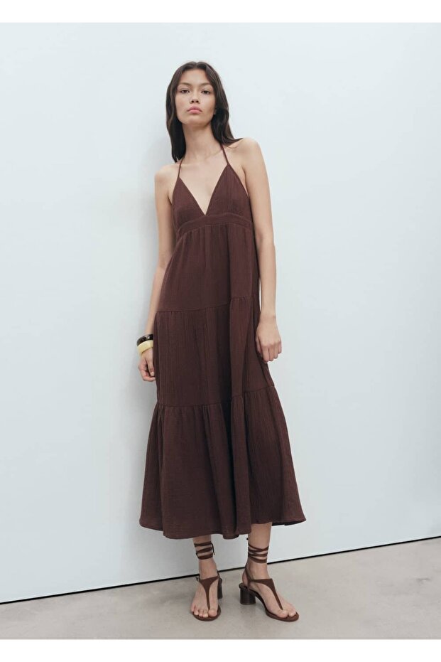 V yakalı pamuklu elbise - 2