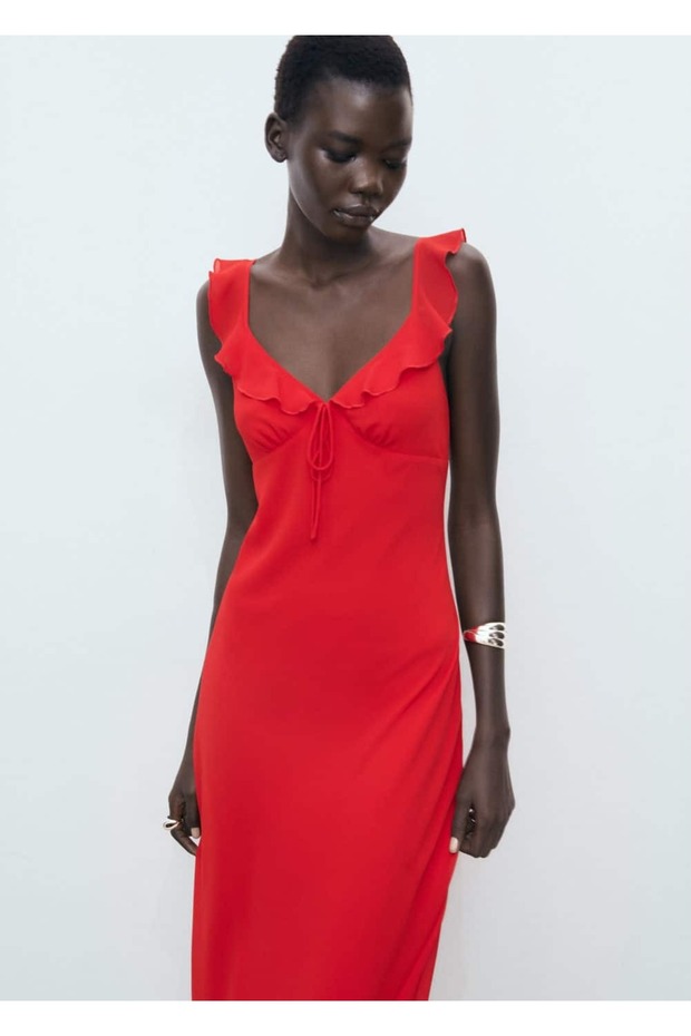 Yakası volanlı midi elbise - 1