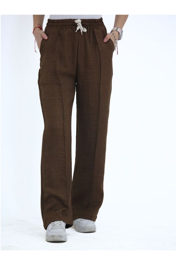 Women's Sofia Linen Fabric Striped High Waist Wide Leg Relaxed Fit Lace-Up Elastic Waist Casual Pants