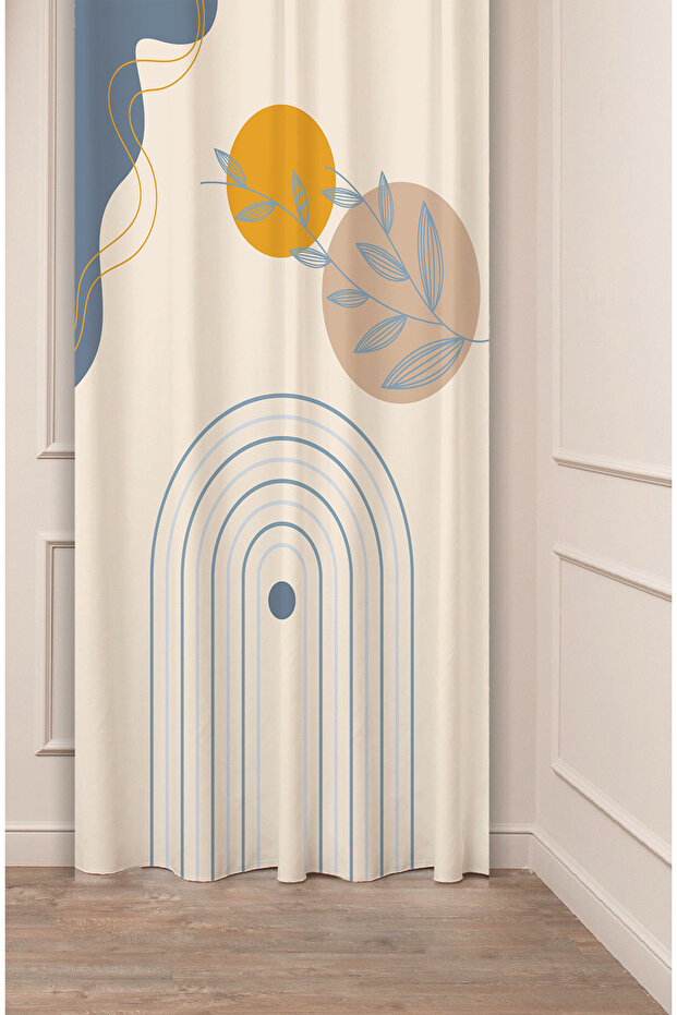 Leaf Bohemian Blue Soft Pastel Beige Cream Patterned Special Design Digital Printed (Single Wing) Stylish Background Curtain