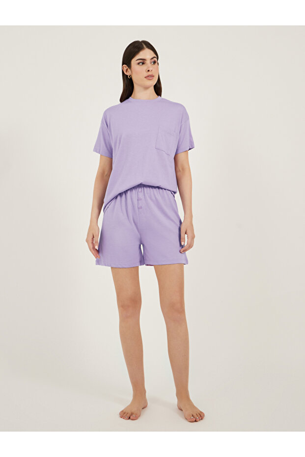 Dropped Shoulder Pocket T-Shirt and Button Placket Pyjama Shorts Set