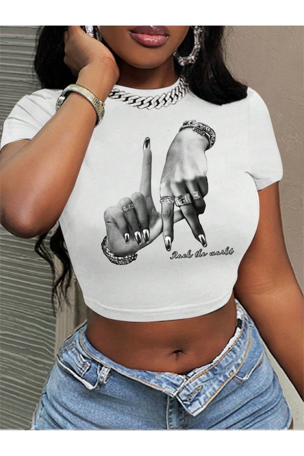 Women's Rock the World Printed Baby Tee Crop T-Shirt
