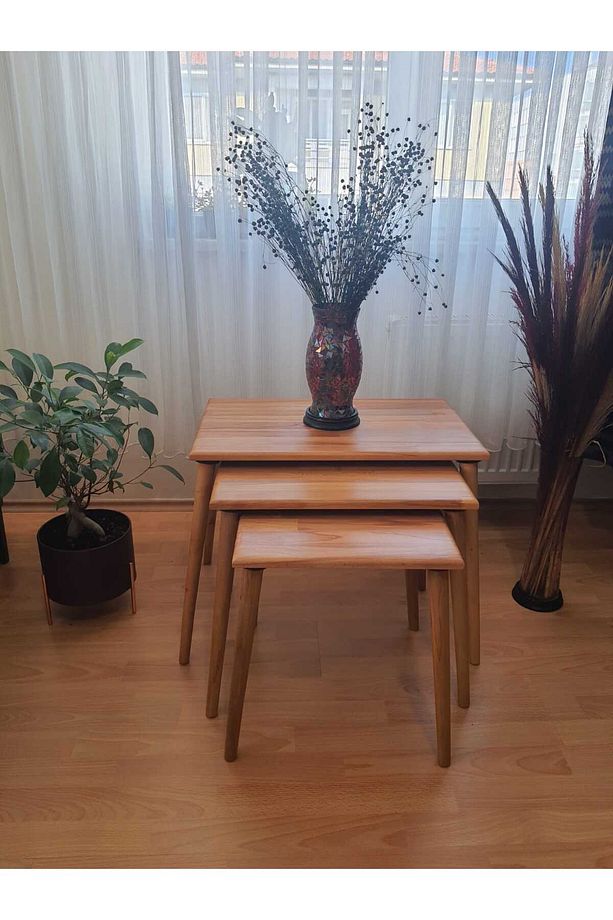 Masif Doğal Ahşap 3'lü Zigon Sehpa Set, Modern Masif Yan Sehpa - 4