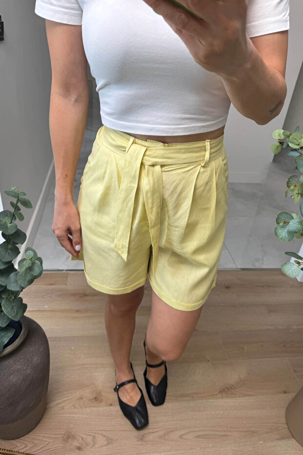 Butter Yellow Premium Belted Linen Shorts