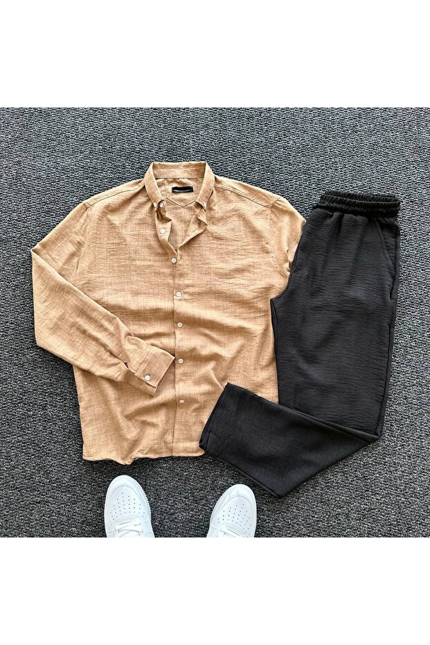 Men's Crinkled Linen Shirt and Trousers 2-Piece Set