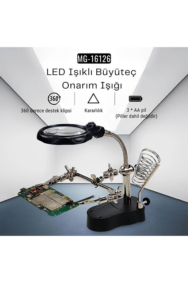 MG-16126 Büyüteçli Lehimleme Standı – LED Işıklı, 3.5X ve 12X Mercek, Ayarlanabilir Kelepçeli - 4