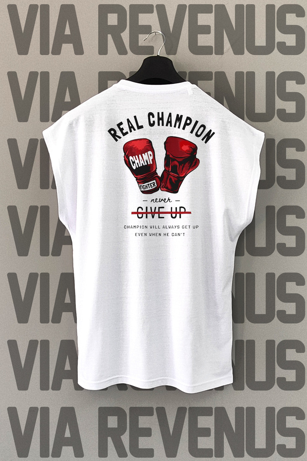 Real Champion Back Printed Zero Sleeve Crew Neck Sports Tshirt