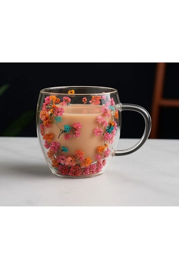 250 Ml Isıya Dayanıklı Borosilikat Çift Çidarlı Flower Çiçekli Bardak | Çiçekli Kahve Sunum Bardağı - 2
