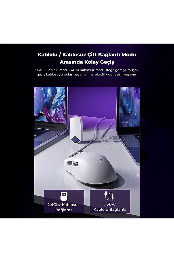 Sc800 Lightweight Paw3395 Sensor 26000 Dpı 8000hz Kablolu Ve Kablosuz Gaming Oyuncu Mouse Siyah - 5