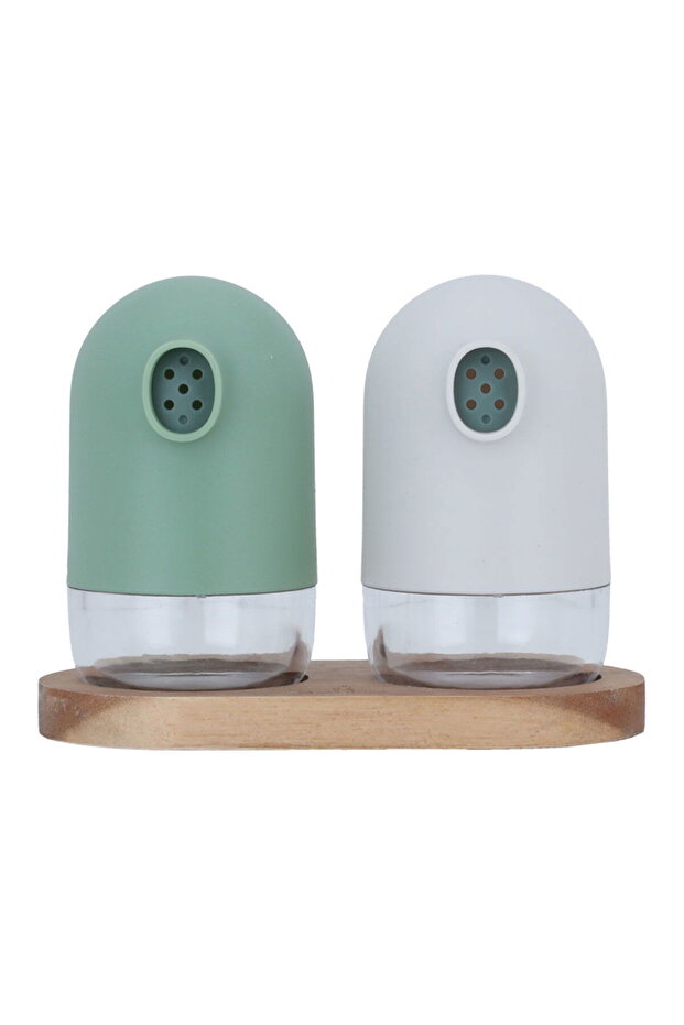 Glass Salt and Spices Set, Two Pieces, Wooden Base - Multicolor
