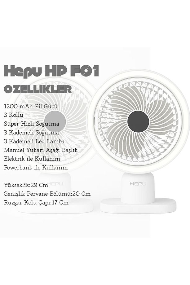 HP F01 Şarjlı Masa Üstü 3 Kollu Vantilatör Süper Soğutma Gece Lambalı Type-C Şarj 1200 mAh - 5