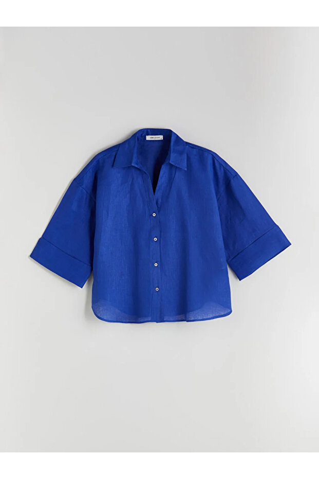 Lcw Vision Blue Oversize Linen Women's Shirt