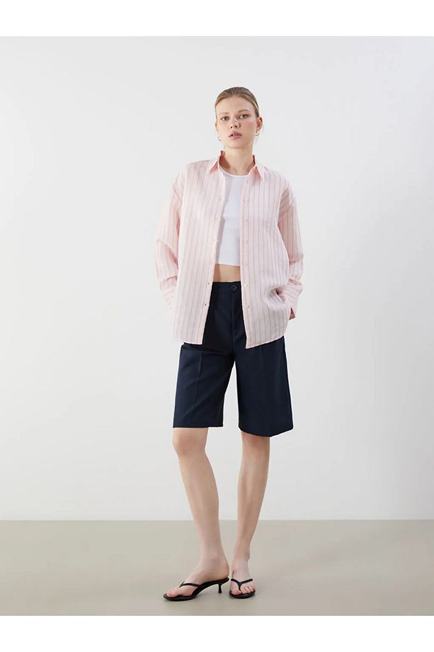 LCW Vision Pembe Çizgili Oversize Kadın Gömlek - 2