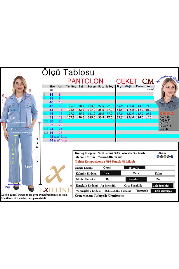 Kadın Üçlü Özel Taş İşlemeli Yazlık İndigo Mavisi Takım Ceket Pantolon Tshirt - 3