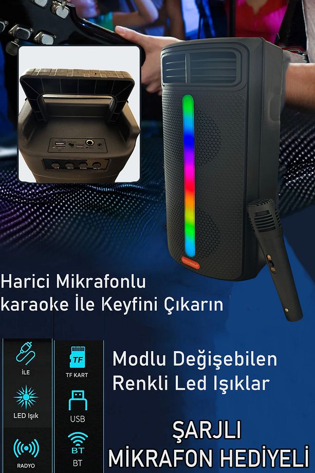 Bluetooth Hoparlör Parti Karaoke Mikrofon Hediyeli Işıklı Ses Bombası Radyo Usb Sd Girişli PG4266 - 1